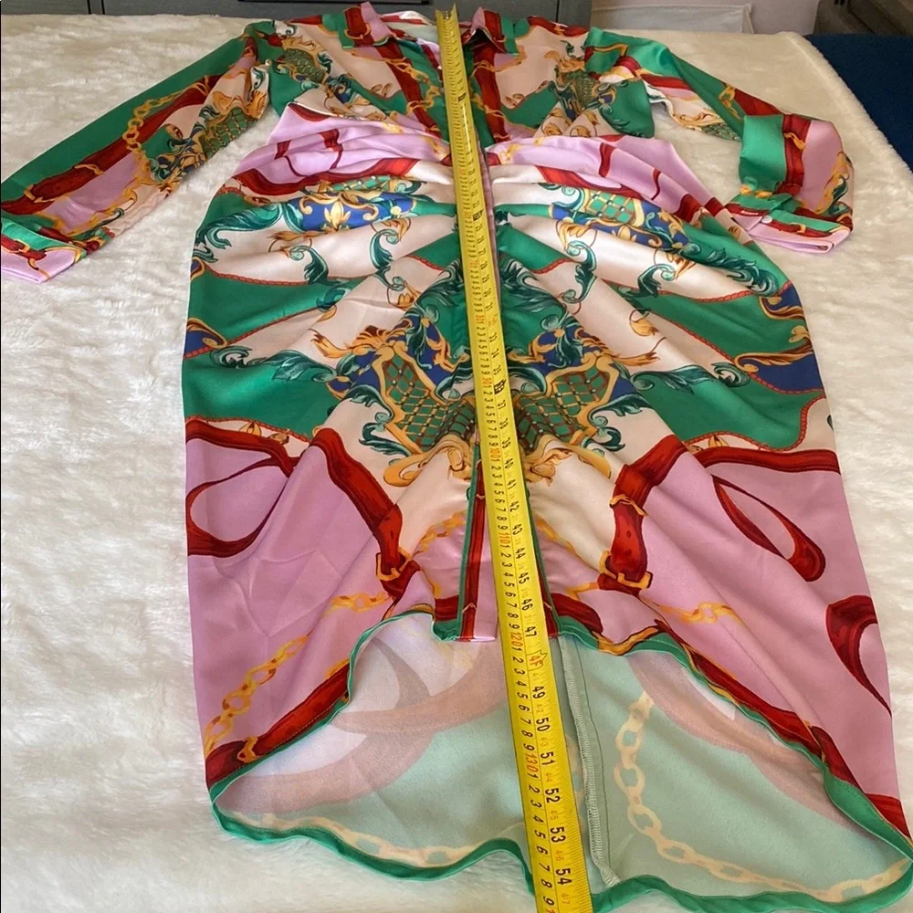 NWOT HER BOTTARI Vibrant Patterned Button-Up Shirt Dress Scarf Print Size L - Picture 8 of 16